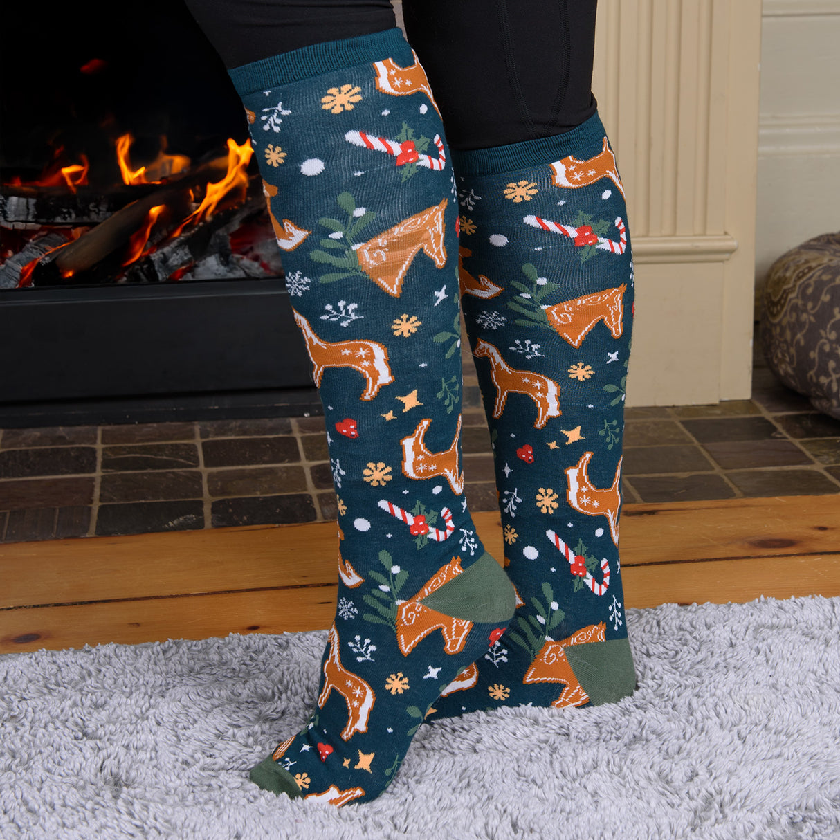 Four White Socks Gingerbread Ponies Knee High Socks