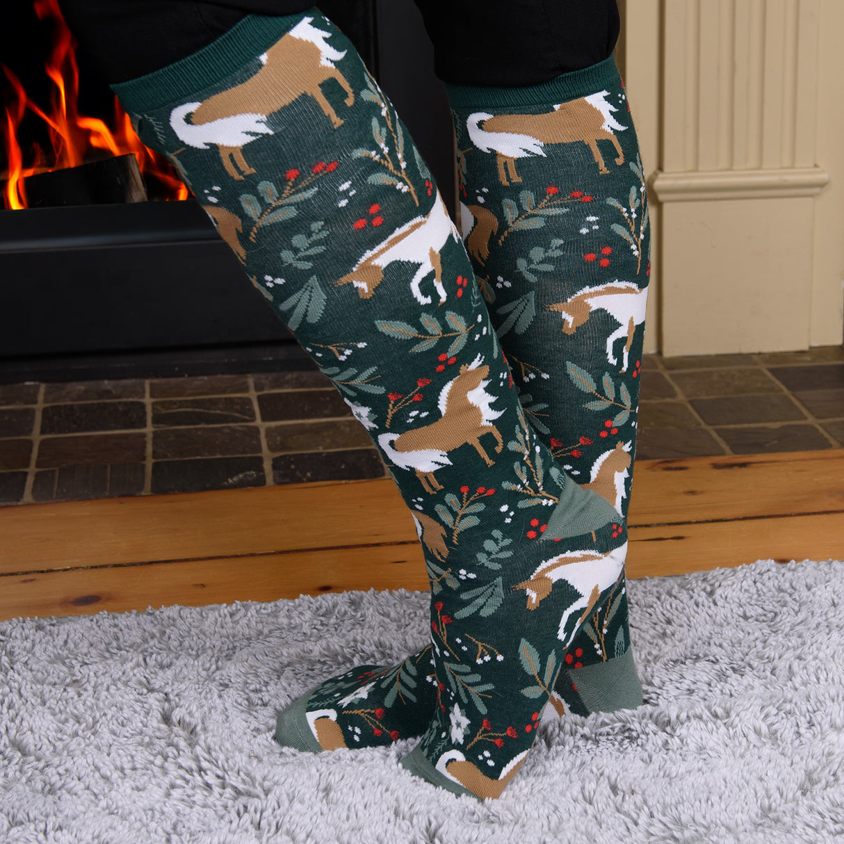 Four White Socks Winterberry Ponies Knee High Socks